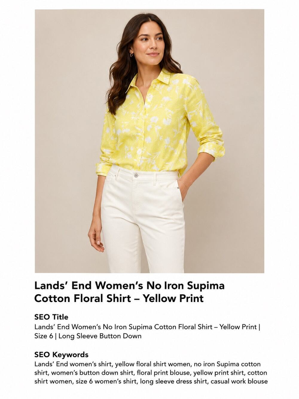 Lands’ End Women’s No Iron Supima Cotton Floral Shirt Yellow Button Down Size 6